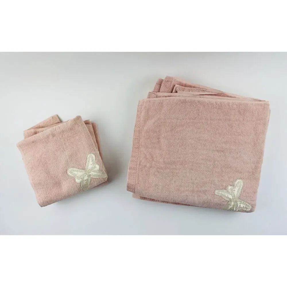 Vintage Avanti Pink Towel Set 4 Butterfly Satin Cream Ivory USA Body Bath Hand